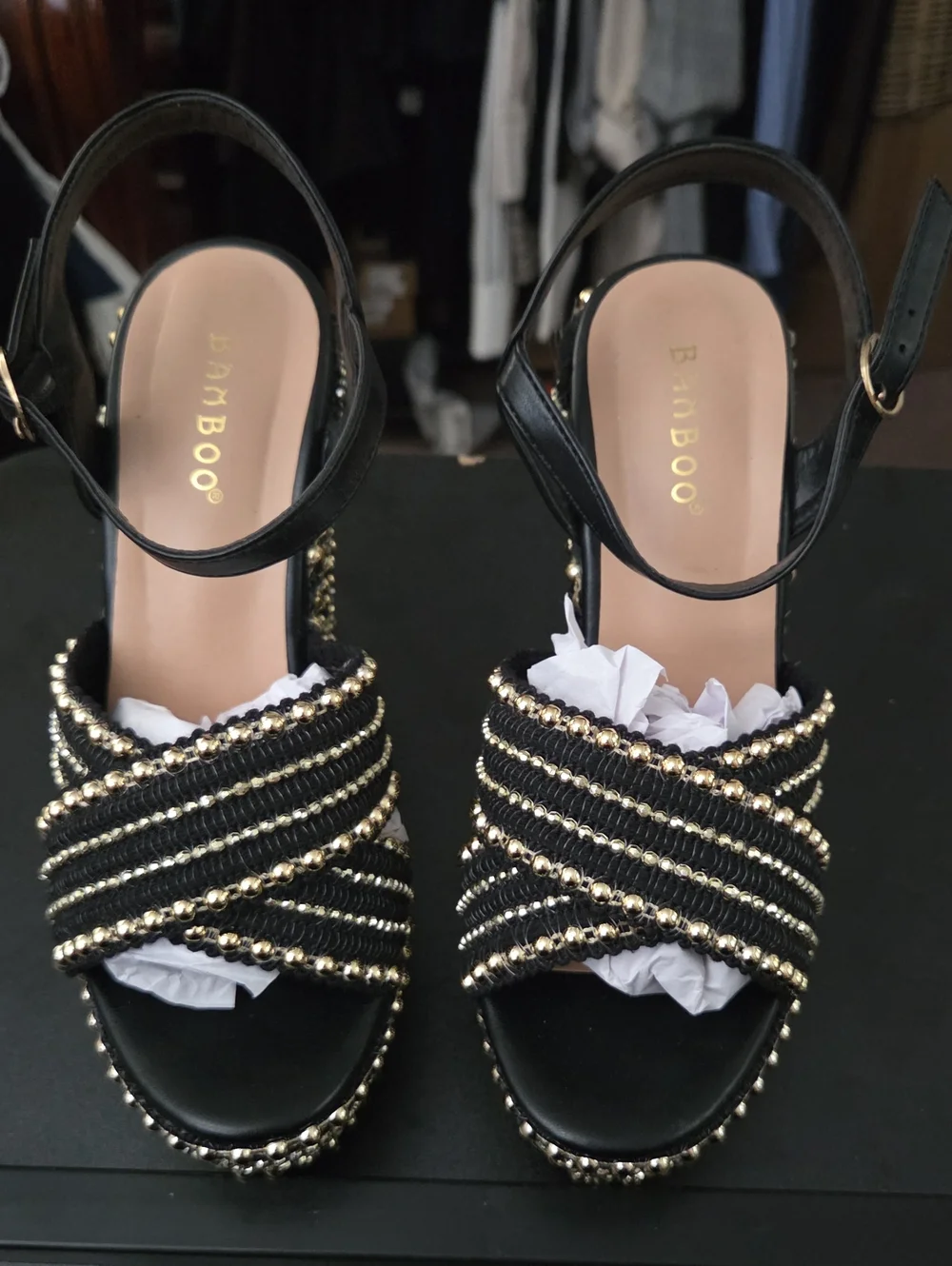BAMBOO Black and Gold Beaded Crisscross Platform Sandals - Strappy Ankle Buckle